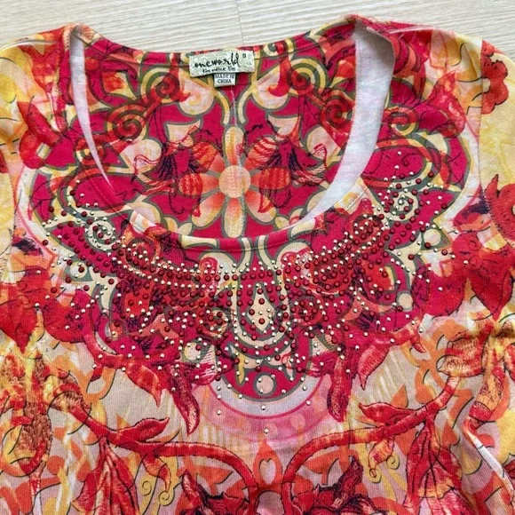 Vibrant One World Red and Yellow Abstract Floral Rhinestone Embellished Tunic - Picture 8 of 11
